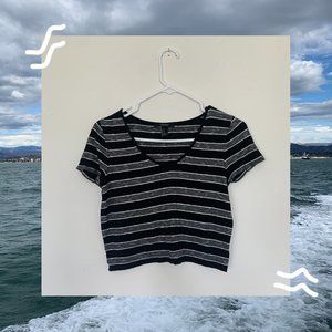 Black and White Striped V-Neck Crop Top